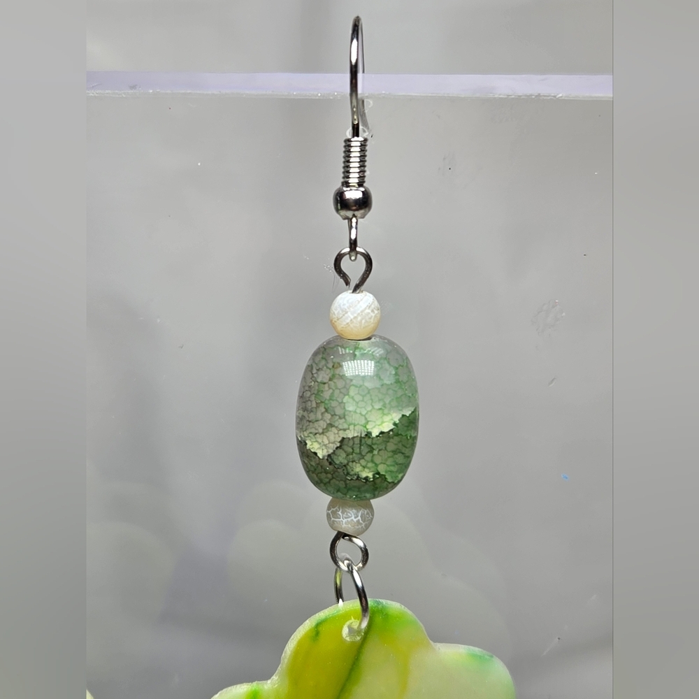 #B228- Elegant Handmade Green Floral Drop Earrings with Glass Beads - Picture 4 of 5